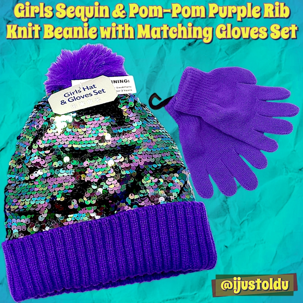 Sequin & Pom-Pom Purple Rib Knit Fleece Lined Beanie with Matching Gloves Set